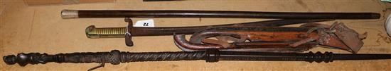 Walking stick, sword, Dutch wooden ice skates etc